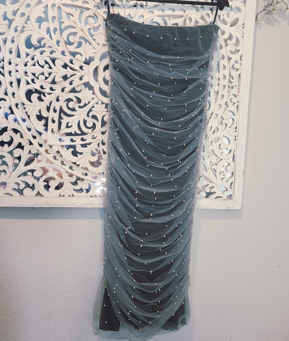 ZARA STRAPPLES TULLE/PEARLS GREY MIDI DRESS WOMENS SIZE LARGE - Picture 9 of 16